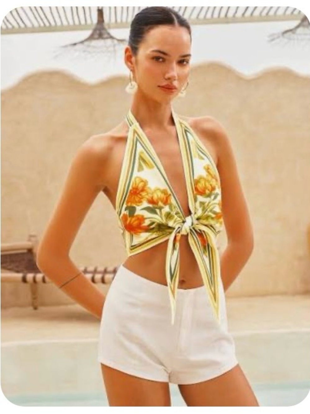 Commense Floral Tie-Front Halter Top - Yellow & Orange NWT